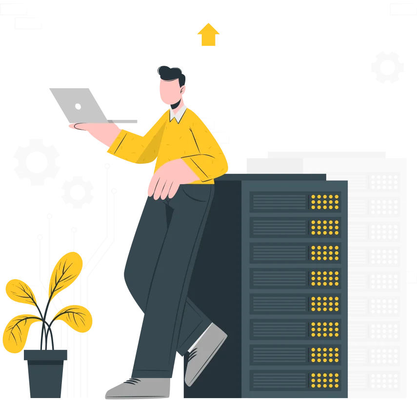 Illustration of a man using a laptop connected to cloud storage and server racks, representing RDP and VPS hosting services
