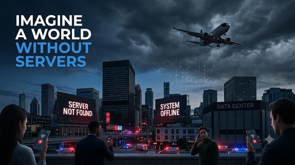 Imagine a World Without Servers illustration showing the internet, data centers, and server infrastructure